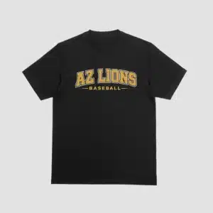 Black cotton t-shirt with arched AZ Lions Baseball wordmark printed in gold